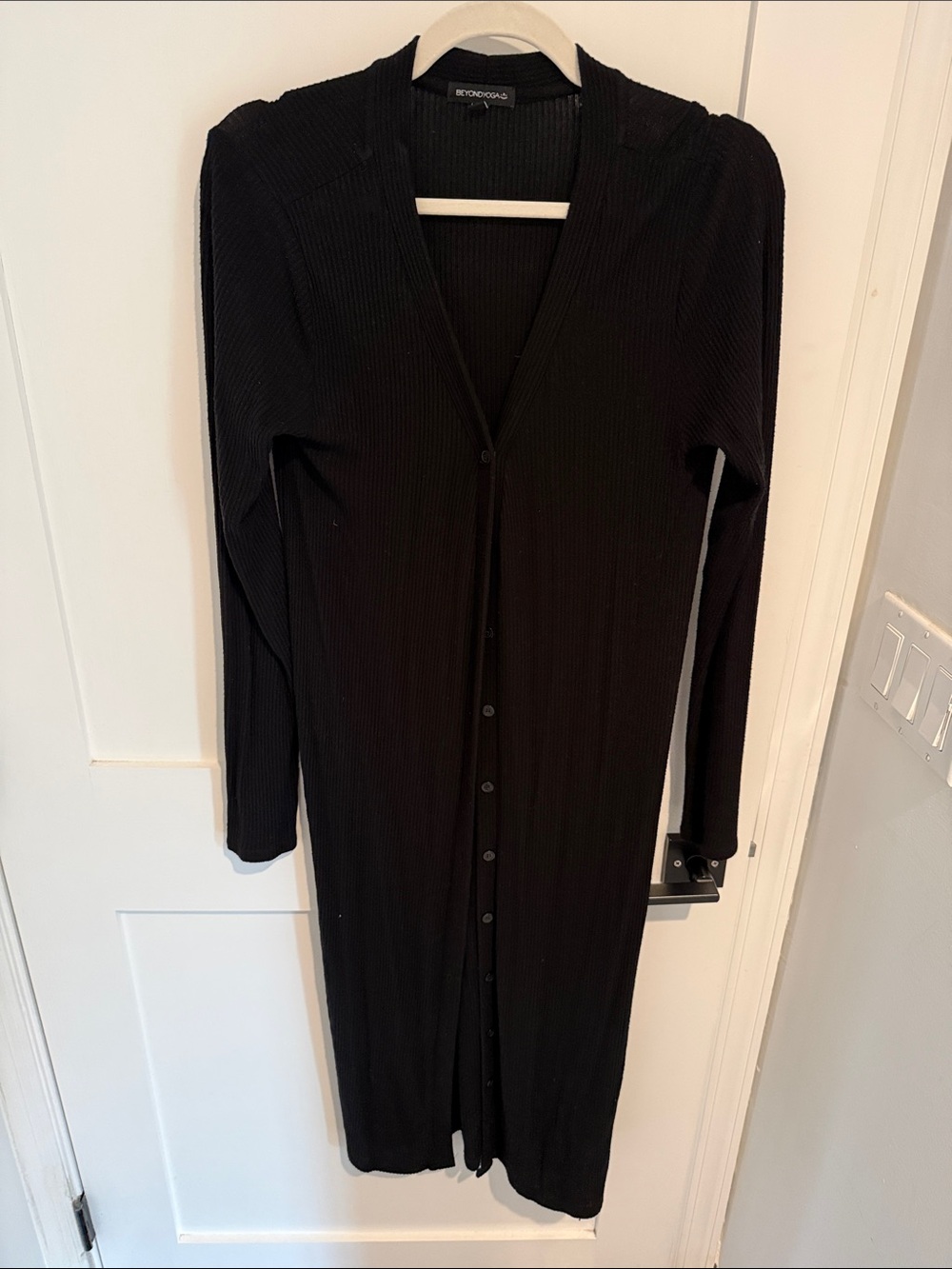 Beyond Yoga Black Long Ribbed Button-Front Duster
